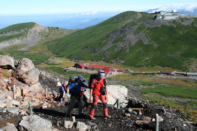 肩の小屋とコロナ測候所を下に見て剣ヶ峰を目指して登っている写真