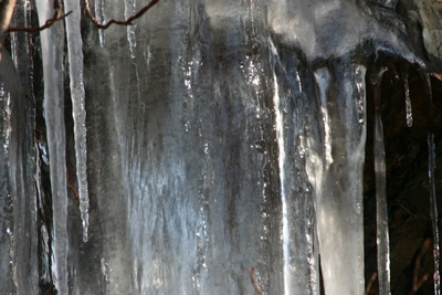 林道の脇にあった氷の柱の写真