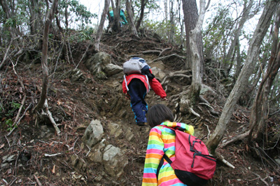 生藤山の山頂直下の岩場を登っている写真