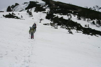 広い雪原の尾根を歩いている写真