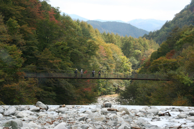 東沢から西沢渓谷に向かう吊り橋を見ている写真