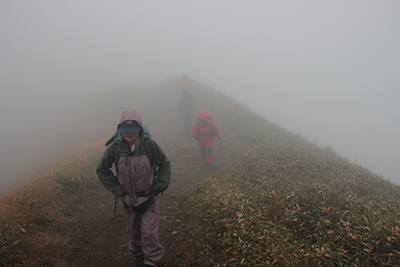 相変わらず深い霧の中で雨も降り出した稜線を茂倉岳目指して歩いている写真