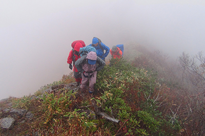 雨と霧の稜線を武能岳目指して歩いている写真