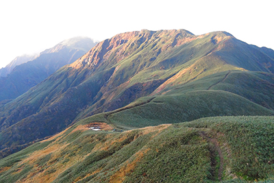 七ツ小屋山方面から見た武能岳と蓬峠の写真