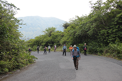 三原山を背に車道を歩いている写真