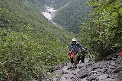 横尾本谷から涸沢に入った登山道を登っている写真