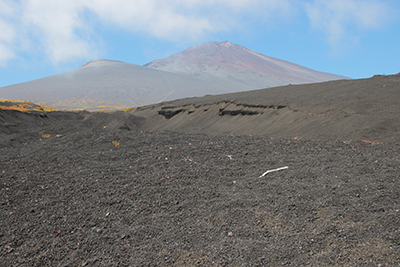 草木がほとんど生えていない火山岩の砂地と富士山の写真