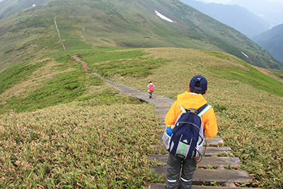 仙ノ倉山に向けて山頂を下る子どもたちの写真