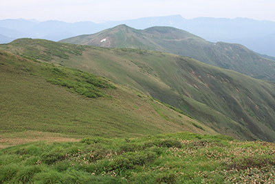 仙ノ倉山山頂から見た平標山と苗場山の写真