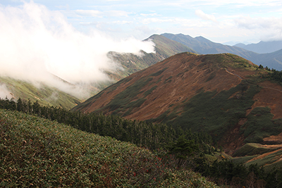 ニセ巻機と朝日岳、笠ヶ岳方面の写真