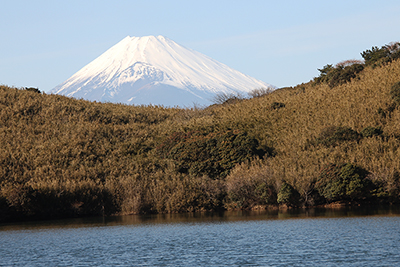 氷ヶ池と富士山を望遠で撮影した写真