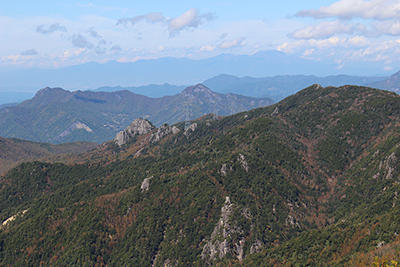 男山（左端）と天狗山、それに右奥に見える浅間山の写真