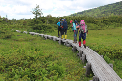 東吾妻山に向けて木道を歩いている写真