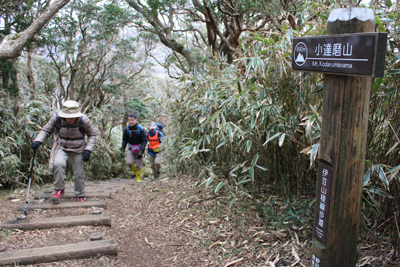小達磨山の標識と登ってくるメンバーの写真