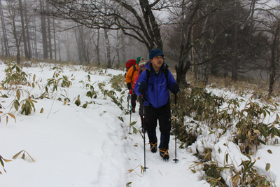 積雪の非常に少ない登山道を歩いている写真