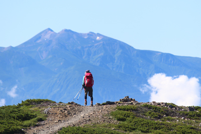 乗鞍岳を正面に見て歩いている登山者の写真