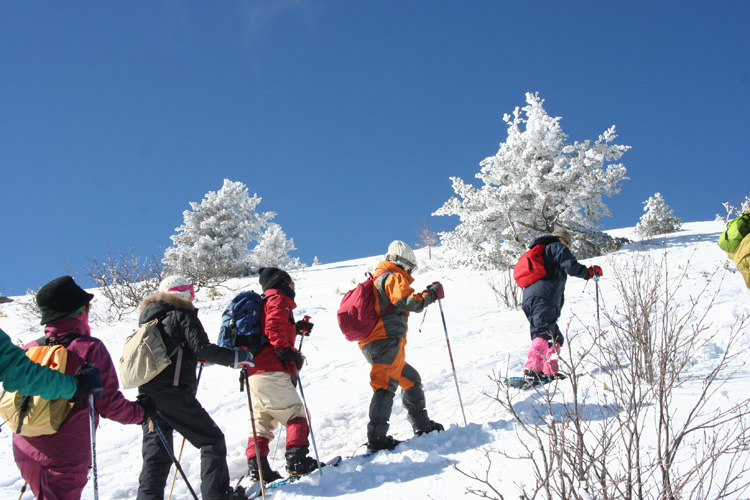冬の湯ノ丸山を目指して登っている写真