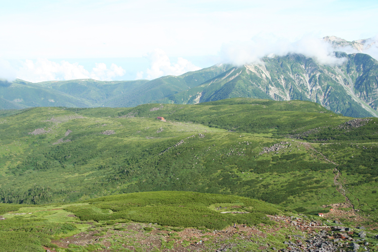 祖父岳への登りから見た雲ノ平と太郎平の写真