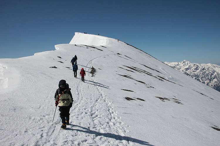 白馬岳山頂を背に下るメンバーの写真